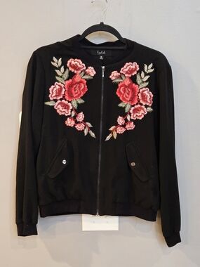 Lipslide Black Floral Embroidered Bomber Jacket - Size Medium